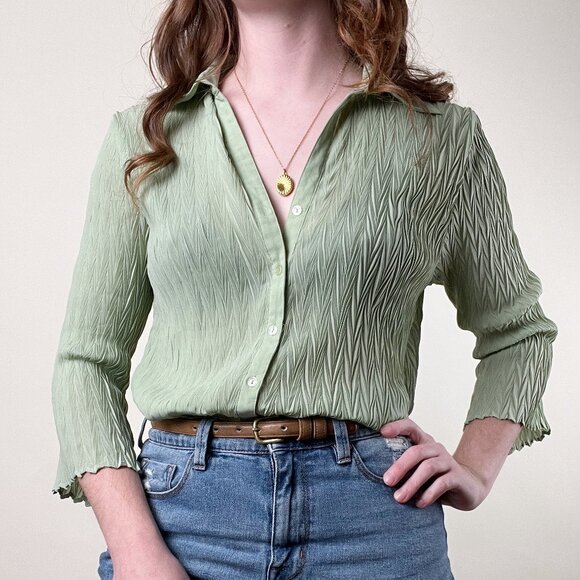 Vintage Tops - Vintage Pleated Crinkle Texture Oversized Button Up Relaxed Fit Blouse Shirt Top